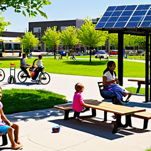 Home 4 **
A vibrant community park scene. Children are playing, families are picnicking, and solar panels are visible in the background powering the park's amenities. In the distance, modern public transportation is running efficiently. The overall mood is optimistic and shows well-maintained infrastructure, highlighting how investing in infrastructure and the environment improves quality of life.
**