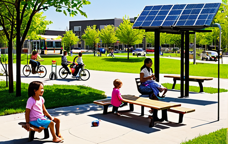 **
A vibrant community park scene. Children are playing, families are picnicking, and solar panels are visible in the background powering the park's amenities. In the distance, modern public transportation is running efficiently. The overall mood is optimistic and shows well-maintained infrastructure, highlighting how investing in infrastructure and the environment improves quality of life.
**